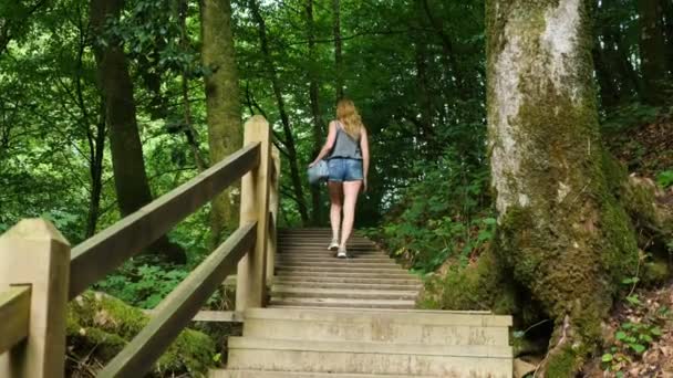Девушка в коротких джинсовых шортах уходит по мосту в лесу в горах. вид сзади. 4k, slow motion — стоковое видео