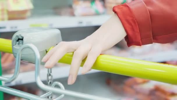 Woman Supermarket Passing Basket Counters — Stock Video