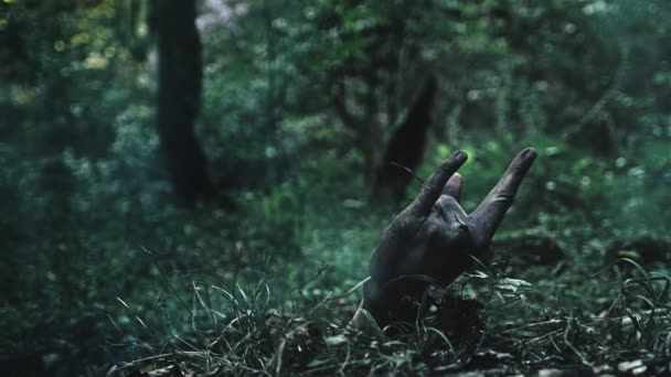 Рука Зомбі вилізе з землі. показує знак камінь живий — стокове відео