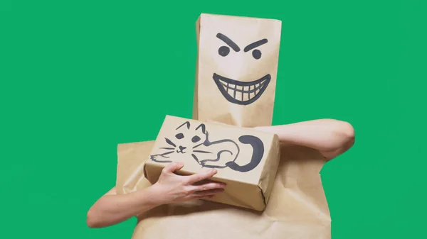 Conceito de emoção, gestos. um homem com um pacote na cabeça, com um smiley pintado irritado, sly, gloating e acariciando um gato pintado em uma caixa . — Fotografia de Stock