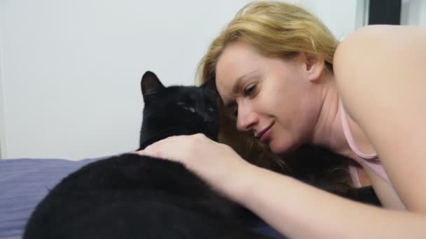 고양이와 소녀입니다. 아름 다운 금발 소녀 침대에 누워 하 고 그녀의 검은 고양이 애 무. 동물에 대 한 배려. 애완 동물에 대 한 사랑 — 비디오