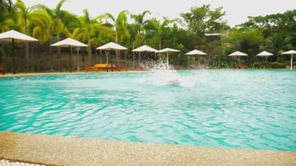 Fröhlicher junger gutaussehender Mann, der in den Pool springt, im Urlaub im Hotel. Sommerferienreisekonzept — Stockvideo