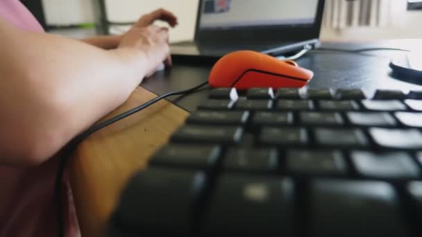 Schöne junge Frau, die am Laptop und Computer arbeitet, während sie am Schreibtisch sitzt. — Stockvideo