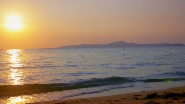 美丽的日落在海上。晚上有人在海里游泳 — 图库视频影像