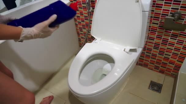 Жінка домогосподарка робить прибирання у ванній кімнаті свого будинку — стокове відео