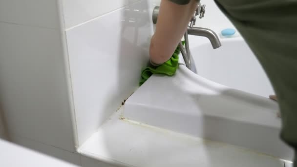 Vrouw huisvrouw doet het schoonmaken in de badkamer van haar huis — Stockvideo