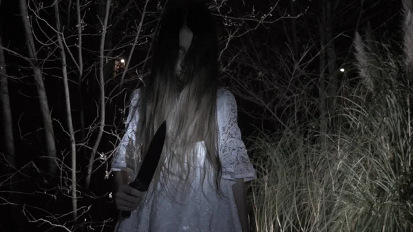 Une petite fille fantôme aux longs cheveux noirs, en blanc, errant dans les bois avec un couteau et un jouet doux . — Photo