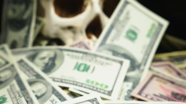 Human skull in a pile of American currency — Stock Video