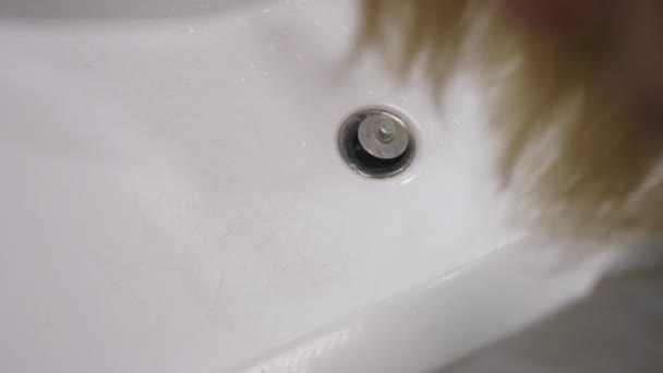 Salud del cabello, concepto de pérdida de cabello. Mujer peinando su cabello rubio seco dañado en el baño — Vídeo de stock