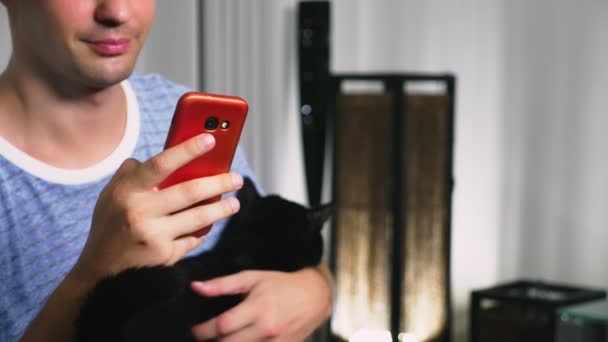 Belle utilisation gay d'un smartphone cellulaire tout en étant assis dans le salon dans la soirée. Heureux jeune homme souriant bavarder sur Internet à la maison . — Video