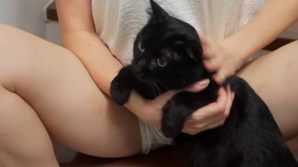 La chica está sentada en las escaleras de la casa entre sus piernas está sosteniendo un gato negro y acariciándolo —  Fotos de Stock