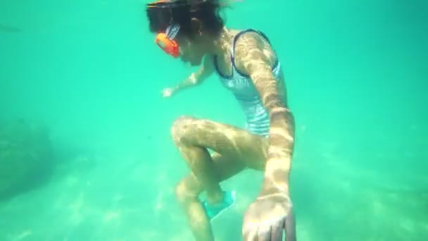 Дівчина в підводній масці плаває під водою, дивиться на підводний світ і маленьку тропічну рибу — стокове відео