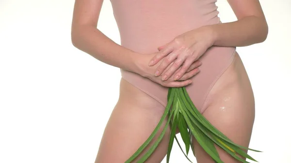 Vrouw met verse groene bladeren op lingerie achtergrond, begrip vrouwelijke zorg voor gezondheid en lichaam Stockfoto