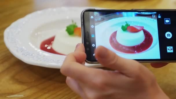Close-up. Vrouwelijke handen neem foto van panna cotta dessert op een smartphone in een restaurant. — Stockvideo