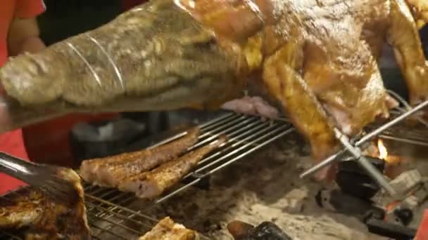 Концепция азиатской кухни. Маленький аллигатор, растянувшийся на вертеле, обжаренном на костре. . — стоковое видео