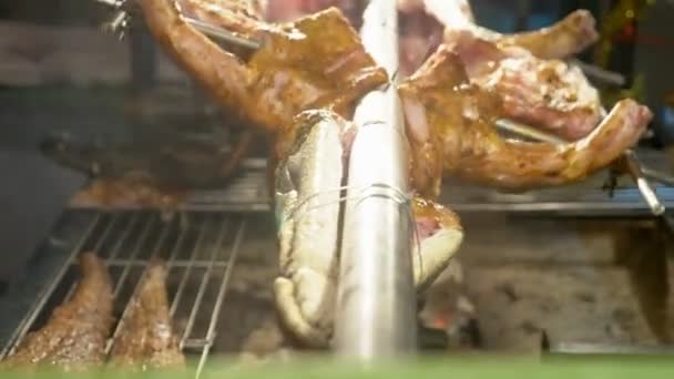 Konzept der asiatischen Küche. ein kleiner Alligator am Spieß, der über dem Lagerfeuer gebraten wird. — Stockvideo