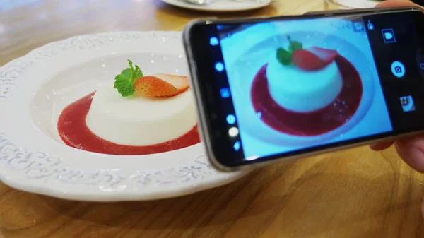 Primer plano. Las manos femeninas toman fotos del postre de panna cotta en un teléfono inteligente en un restaurante . — Foto de Stock