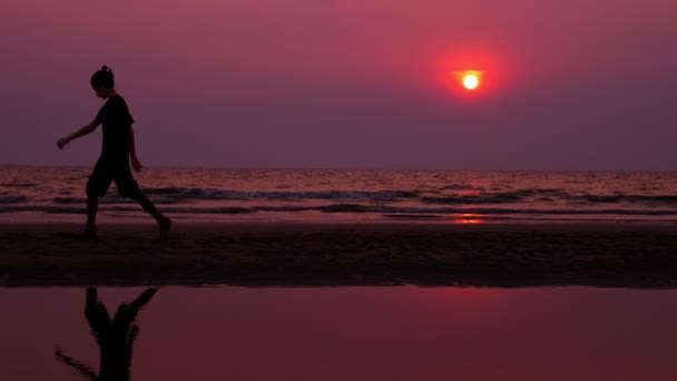 Silhueta. solitário asiático jovem caminhando pacificamente ao longo de uma praia deserta ao pôr do sol. paisagens marinhas — Vídeo de Stock