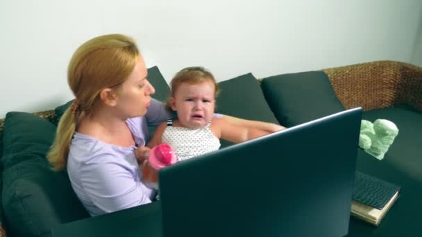 Femme d'affaires agacée tenant un bébé en pleurs dans ses bras tout en travaillant sur un ordinateur portable. Concept de maman de carrière, problèmes liés au travail à la maison — Video