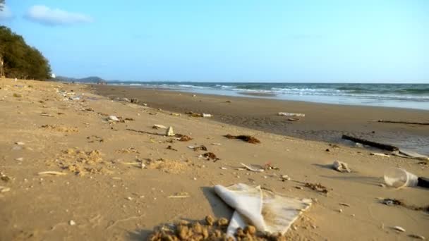 The concept of environmental pollution. coastal trash on the beach at low tide — Stock Video