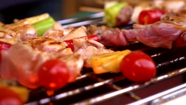 泰国的传统街头食品。晚上在街头食品博览会上在烤架上煮小烤肉串。特写. — 图库视频影像
