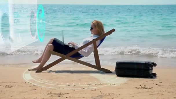 Futuristic network concept. Technology. Digitization of information flows. speed 5g or 4g internet. Business woman working on a laptop while sitting on a sun lounger by the sea. — Stock Video