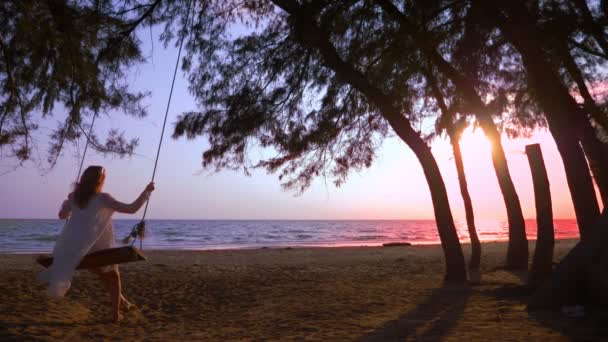 Ein glückliches blondes Mädchen in weißem Kleid und Spitzenumhang schwingt auf einer Seilschaukel am Strand am Meer. — Stockvideo