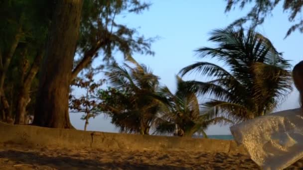 Una chica rubia feliz en un vestido blanco y capa de encaje se balancea en un columpio de cuerda, en la playa junto al mar . — Vídeo de stock