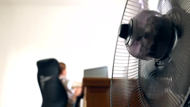 Gros plan d'une partie d'un ventilateur de bureau, sur fond de bureau flou, où une personne travaille sur un ordinateur — Video