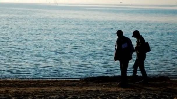 Casal sênior caminhando na praia no mar do norte. Passar tempo juntos . — Vídeo de Stock