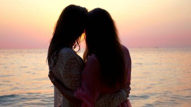 Lgbt. Happy lezbiyen çift güzel tropik sahilde dinlenme kavramı.