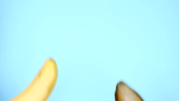 Plátano rojo y plátano amarillo sobre fondo azul, Fun fast food project — Vídeos de Stock