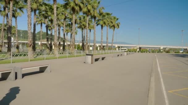 Flicka rider en elektrisk skateboard i en vacker park med höga palmer — Stockvideo