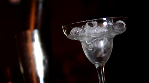 Te sluiten. Martini glas in scherpte op de rug wazig achtergrond barman maken cocktail — Stockvideo