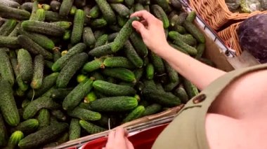 Kadın dükkan tezgahında salatalık seçer. Yukarıdan görünüm