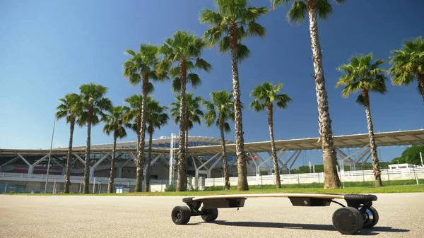 Czarne rolki elektryczne się jeździ na tle parku z wysokimi palmami i błękitne niebo. miejsce kopiowania — Zdjęcie stockowe