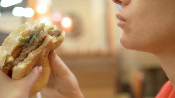 Kapatmak için. dudağına uçuk olan kadın patates kızartması ve hamburger yiyor — Stok video