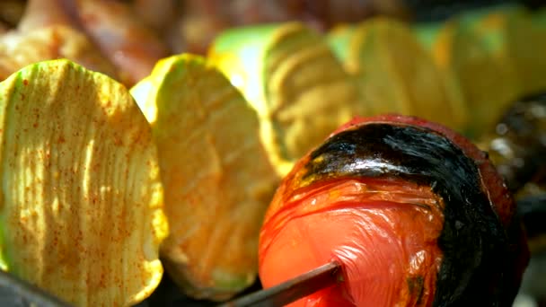 Kebab caldi con verdure, pomodoro e zucchine con salsa sugli spiedini. Grigliate — Video Stock