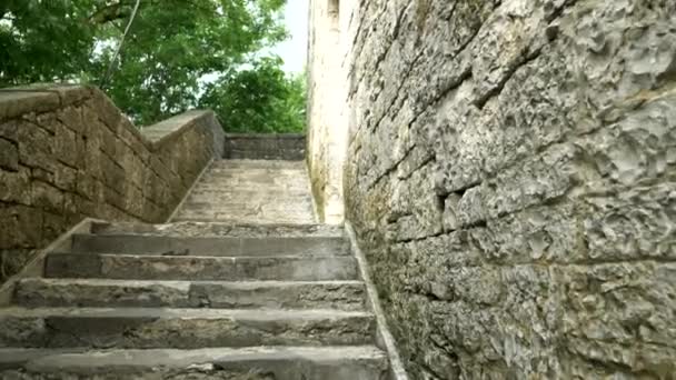 Primer plano. Vieja escalera de piedra dañada, hacia arriba. torre de piedra rodeada de árboles verdes — Vídeos de Stock