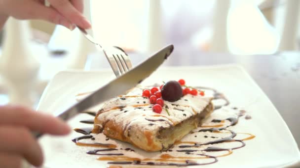 Close-up. strudel de maçã com sorvete de baunilha. As mãos cortam um pedaço de bolo com um garfo e uma faca — Vídeo de Stock