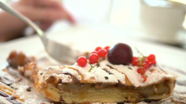 Close-up. strudel de maçã com sorvete de baunilha. As mãos cortam um pedaço de bolo com um garfo e uma faca — Vídeo de Stock