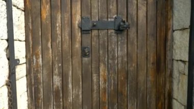 dokusal arka plan, bir aslan kafası şeklinde vintage kırık kapı kolu ile ahşap plakalar eski kapı