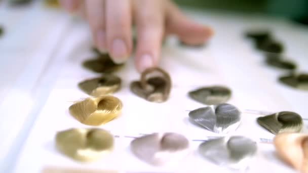 Paleta de cores e seleção de cor do cabelo. mulher escolhe uma cor de tintura de cabelo — Vídeo de Stock