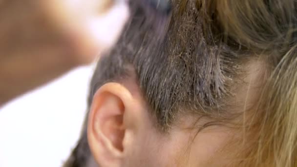 Il concetto di colorazione professionale dei capelli. una donna dal parrucchiere si tinge i capelli — Video Stock