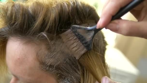 Het concept van professionele haarkleuring. een vrouw bij de kapper kleurstoffen haar haar — Stockvideo