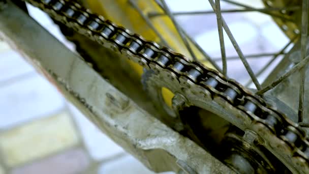 클로즈업, 발론치크에서 스프레이로 오토바이 체인에 윤활유를 분사하는 과정 — 비디오