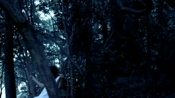 Il fantasma di una bambina, una fata dai lunghi capelli castani in una fitta foresta fatata oscilla su una liana come su un'altalena — Video Stock