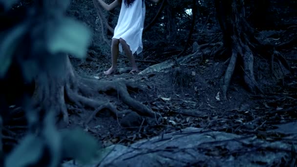 Le fantôme d'une petite fille, une fée aux longs cheveux bruns dans une forêt dense de fées balançant sur une liane comme sur une balançoire — Video