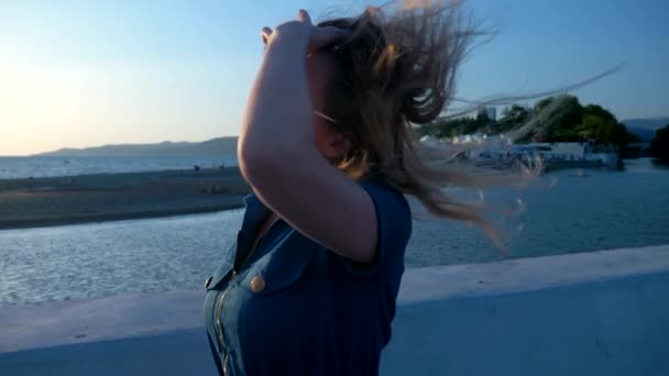 Bella donna bionda con i capelli lunghi che cammina da sola lungo la passeggiata. capelli si sviluppa dal vento. copia spazio — Video Stock