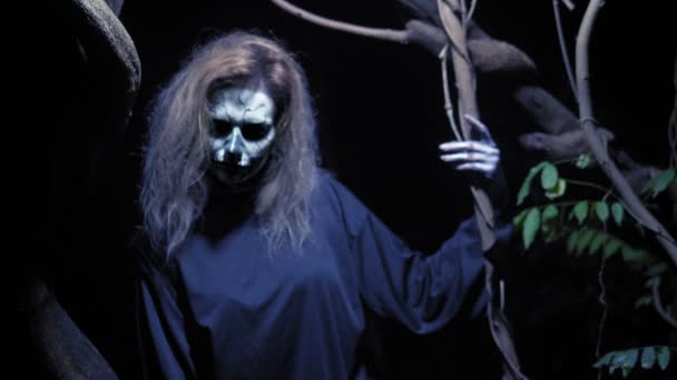 Konzept des Grauens, Geisterfrau im Wald. schöne Frau mit Make-up-Skelett in einem beängstigenden Wald. — Stockvideo